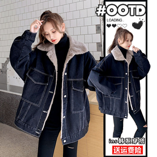 棉服棉衣潮 胖mm加绒加厚领牛仔外套女宽松显瘦百搭时尚 特大码 女装