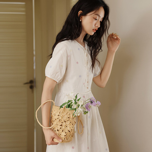 若溯法式纯棉白色刺绣系带短袖连衣裙女2024夏季新款绣花a字长裙