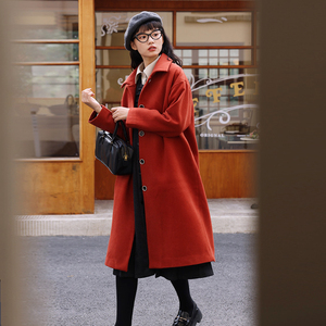 【反季清仓5折】单排扣翻领中长款毛呢大衣女冬季纯色呢子外套
