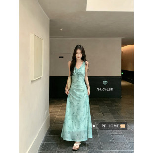 PPHOME绿色碎花吊带洋装女夏季温柔氛围感收腰a字显瘦度假长裙