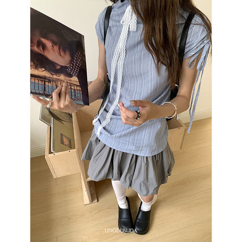 零度苏打条纹显瘦抽绳绑