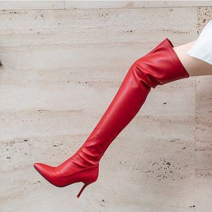 尖头高跟过膝靴长筒靴子细跟反串伪娘男靴超大码高跟靴40-43 4445