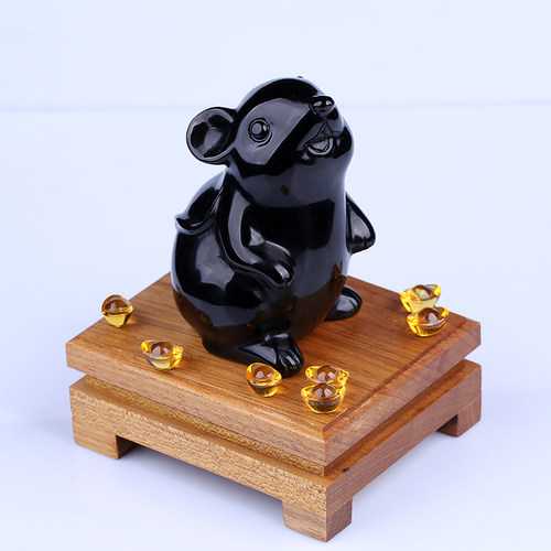 天然黑曜石老鼠摆件招财手把件