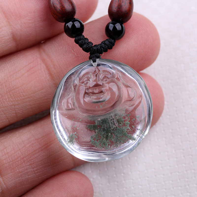 收藏品天然绿幽灵笑佛水晶吊坠