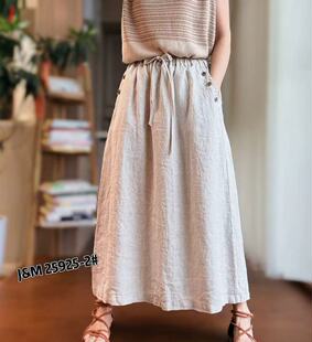 JM高品质纯亚麻半身裙女高腰显瘦A字裙松紧腰百搭中长款韩版