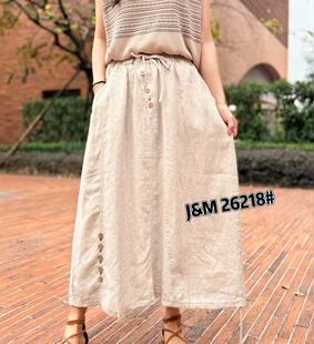 JM春夏新款复古系带松紧腰纯亚麻包边半身裙女文艺气质花苞裙