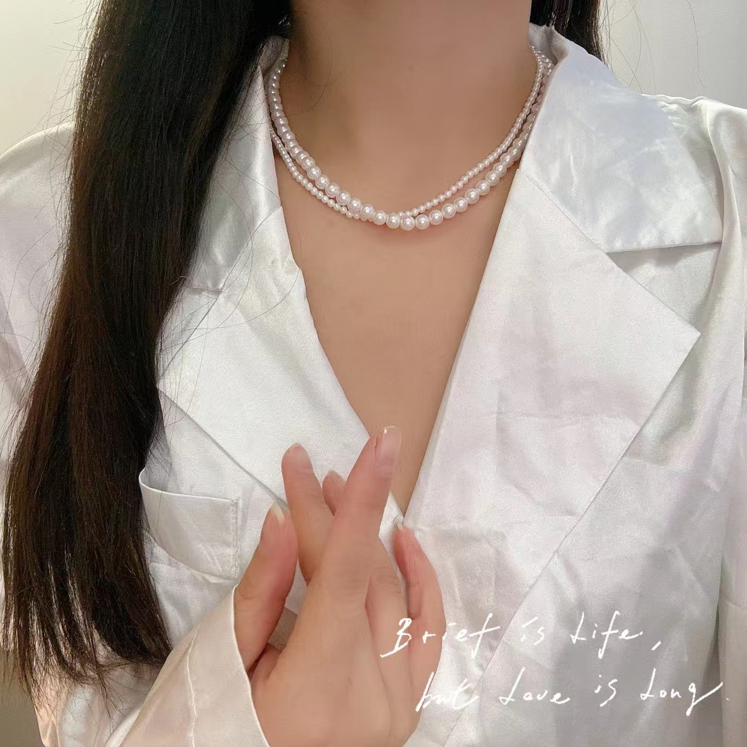 雅施丽芙通体纯银复古法式轻奢设计感双层叠戴珍珠项链