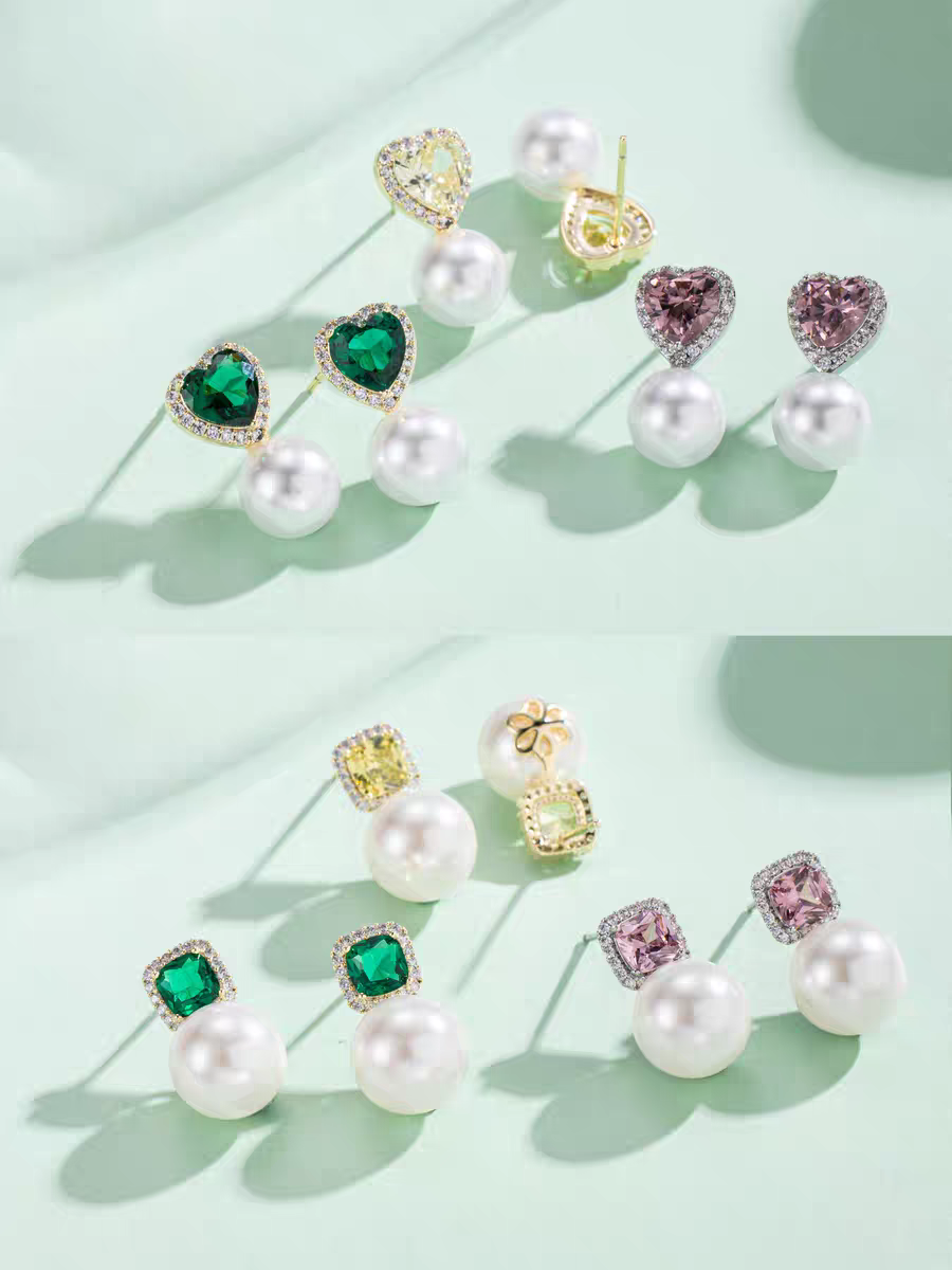 美讯耳饰糖塔珍珠耳钉12MM仿珍珠镶钻方形耳坠925银针耳饰