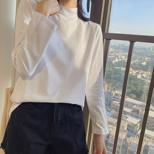春季 款 半高领纯色长袖 打底T恤女秋季 纯棉内搭上衣 白色薄款 打底衫