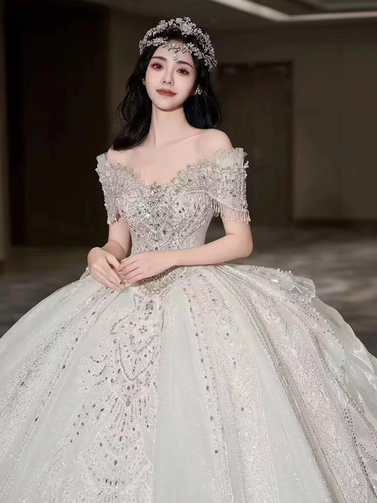 원 숄더 프렌치 웨딩 드레스 신부 2024 새로운 메인 원사 하이 엔드 질감 중공업 임산부 대형 라이트 원사 가을 겨울