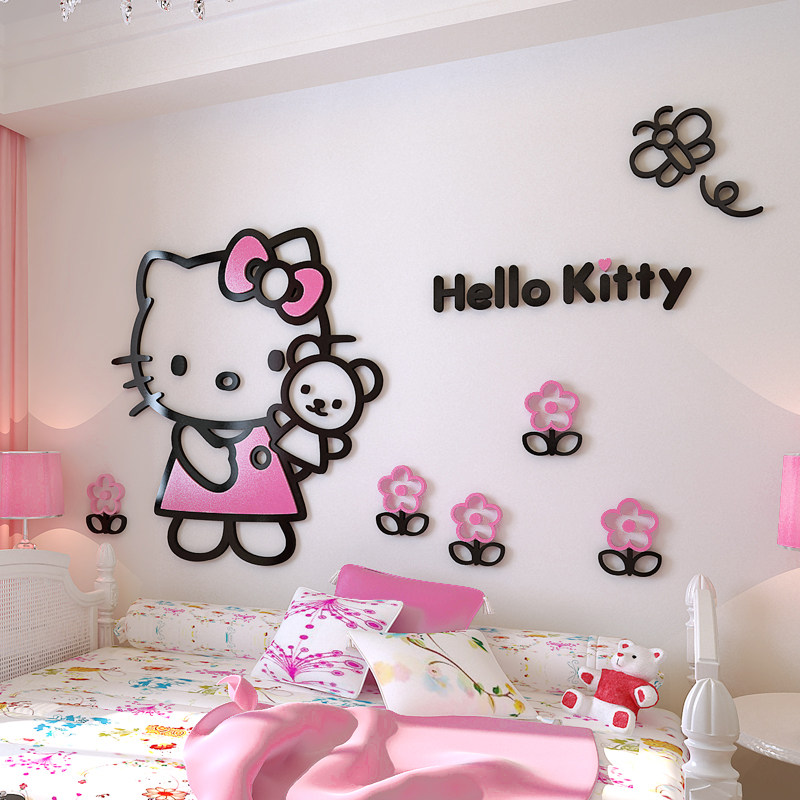 卡通公主房儿童房墙面装饰hellokitty贴纸墙贴抖音少女心房间布置