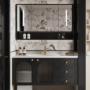 法式 橡木浴室柜组合田园中古风陶瓷一体盆洗手脸盆柜卫生间洗漱台