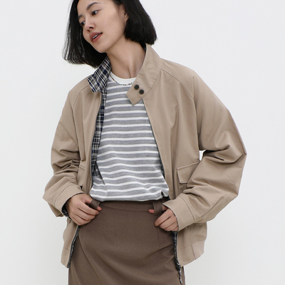 LIVINGTOWN双面穿日系双拉链工装立领夹克复古哈灵顿格纹外套