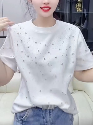 欧洲站2026春季新款烫钻满天星短袖t恤女时尚洋气百搭套头上衣潮