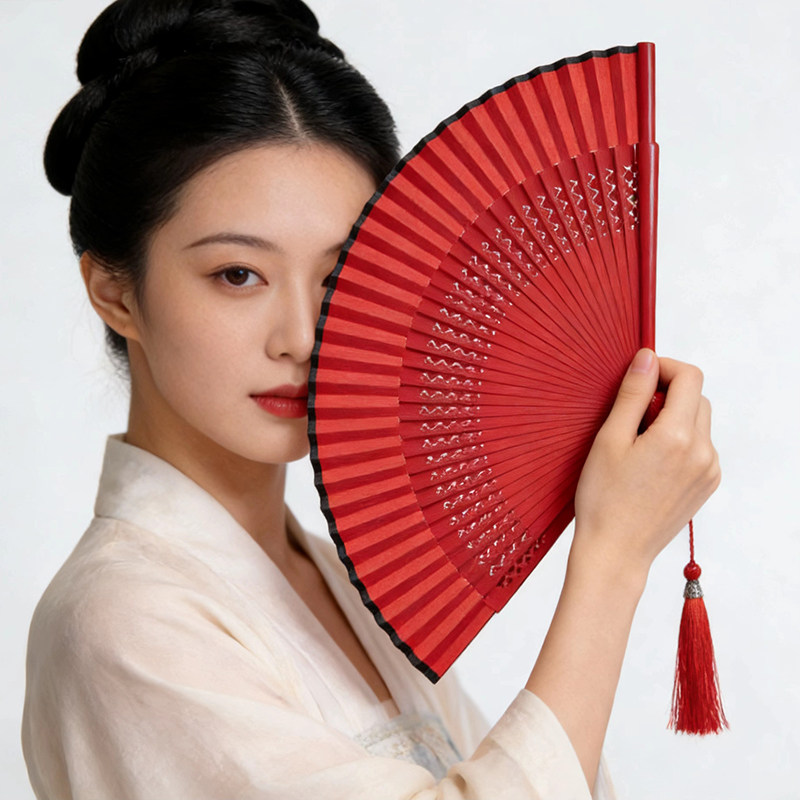 扇子折扇中国风红色易开合舞蹈扇古风汉服旗袍走秀跳舞折叠扇子