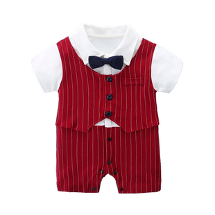 周岁礼服男宝宝夏季短袖洋气小西装婴儿百天宴薄款一岁绅士连体衣
