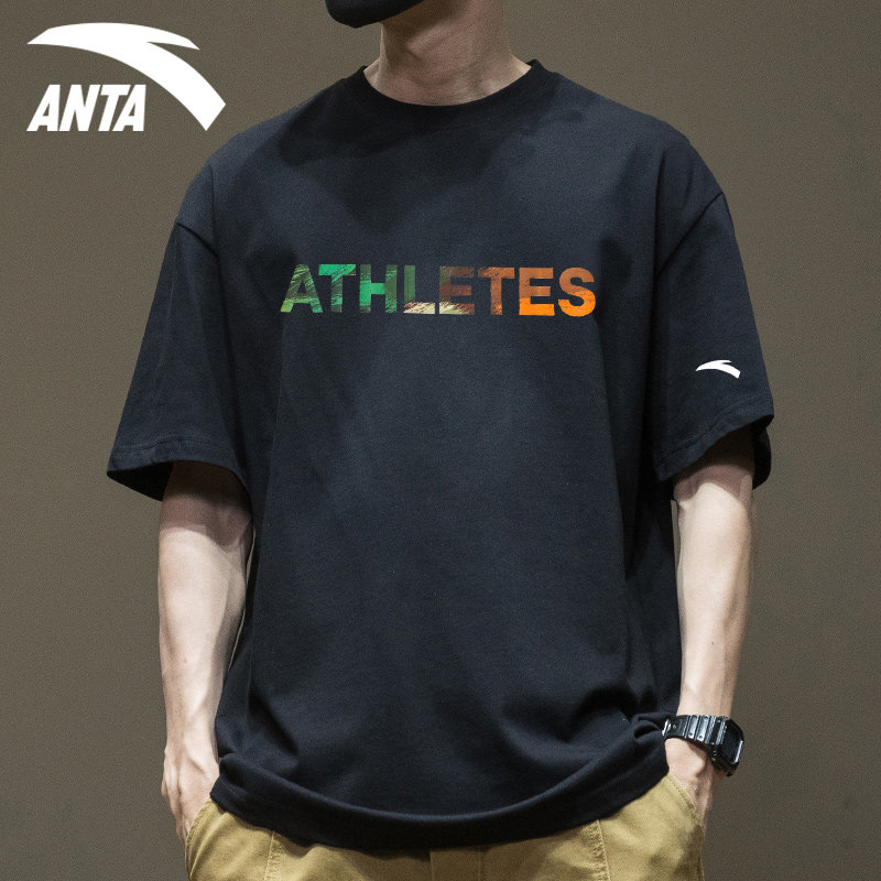 安踏短袖男黑色潮流字母t恤2024夏季新款宽松休闲百搭运动上衣男