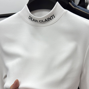 t恤加厚领子刺绣上衣双面绒卫衣 长袖 高档德绒打底衫 男半高领修身