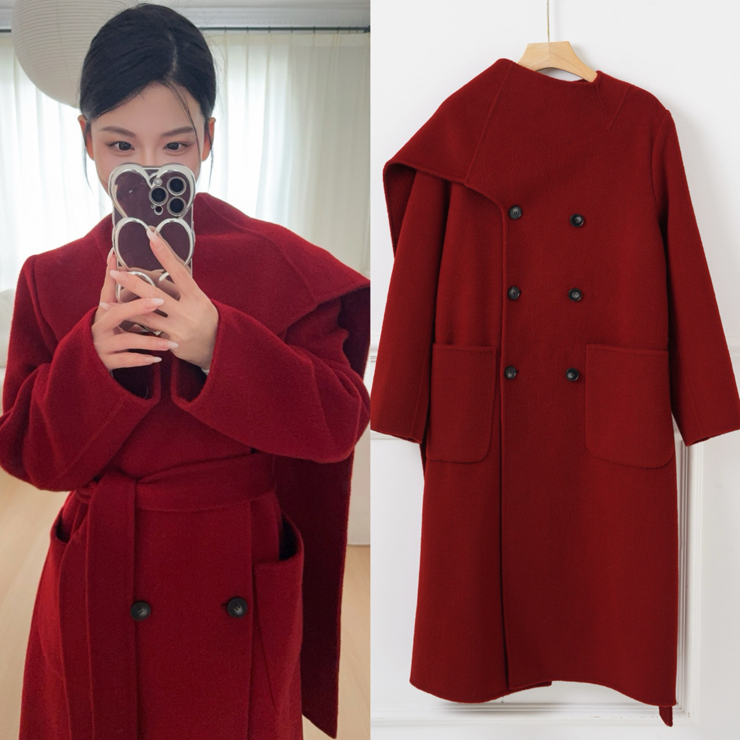 SW高级新年战袍绵羊毛圣诞红围巾领长款毛呢大衣红色双面呢子外套