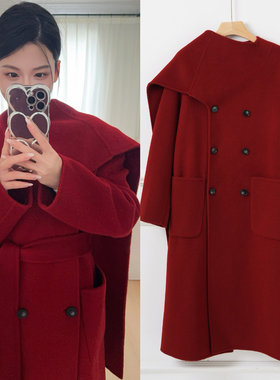 SW高级新年战袍绵羊毛圣诞红围巾领长款毛呢大衣红色双面呢子外套
