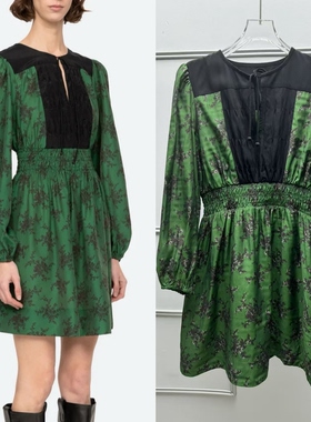 26早春绿色提花印花拼接长袖V领连衣裙女泡泡袖收腰a字修身短裙