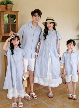 vqb2025新款亲子装一家三口四口蓝色条纹衬衫母子母女装亲子装