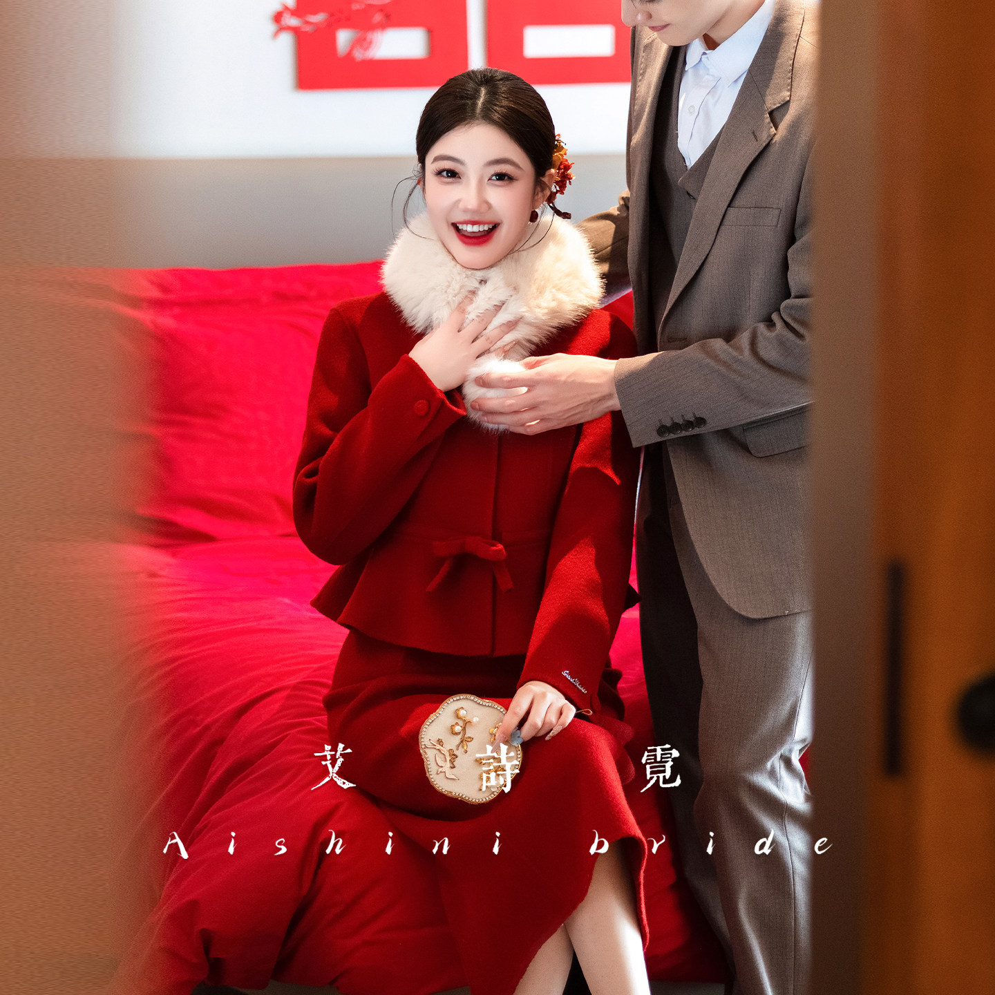 艾诗霓《丹序》红色羊毛呢子外套秋冬新款新娘结婚敬酒服订婚礼服