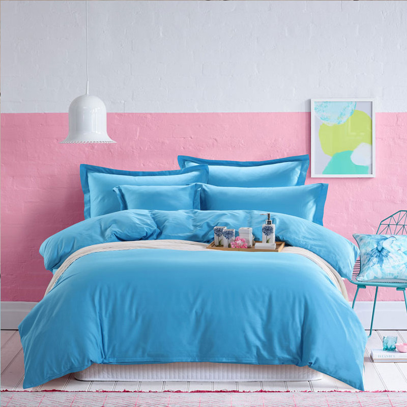 纯棉春秋纯色四件套蓝色被套素色床单湖蓝全棉床上用品简约夏季