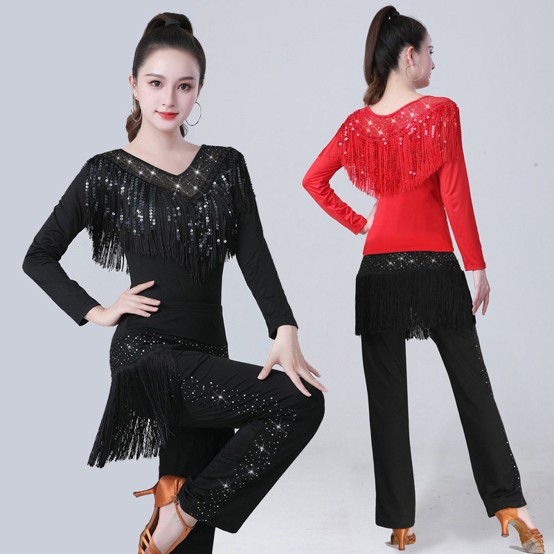 新款拉丁舞服装长袖亮片流苏套装广场舞演出比赛服摩登舞半身短裙