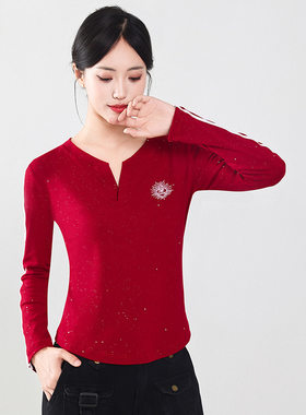 简约T恤女V领显瘦上衣女气质网红打底衫8079太阳花亮片双杠长袖
