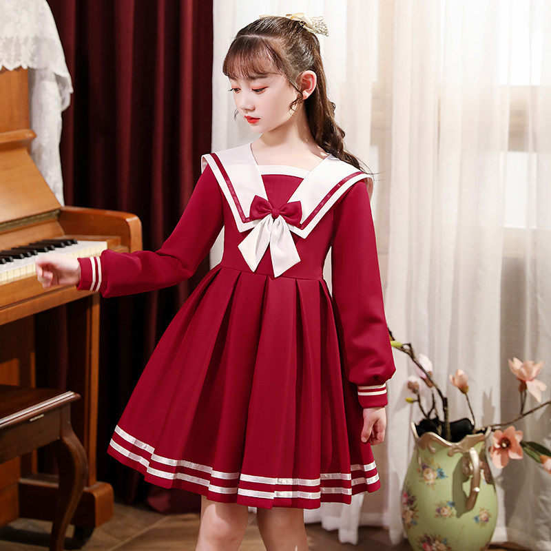 若い女の子の長袖の冬の服装のファッション的なワンピース小学生の海軍は学院の風の洋気の洛麗塔の子供の王女のスカートを襟ます