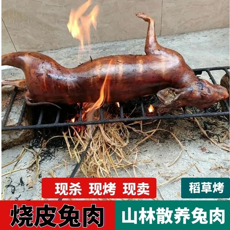 新鲜现杀烤皮兔肉原味火烤稻草熏烤3-9斤老公兔带皮兔子肉整只