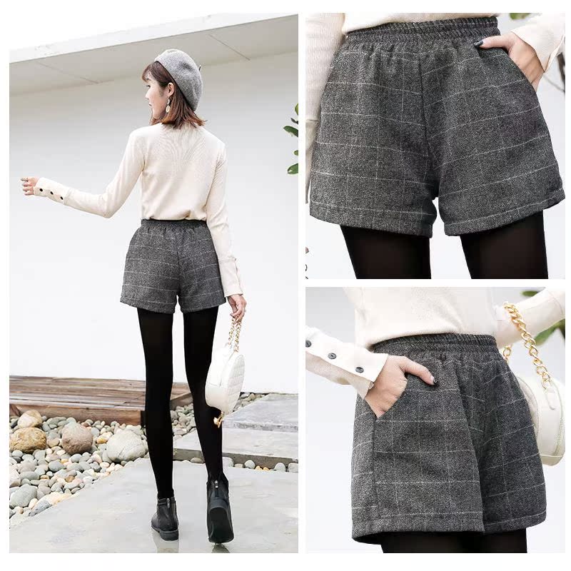 加绒加厚格子毛呢短裤女高腰弹力阔腿裤松紧腰宽松大码胖MM秋冬季|msdalam kategori Butik wanita / wanita, seluar, seluar santai - dari Buy2taobao.com untuk memberikan perkhidmatan ejen Taobao profesional membeli