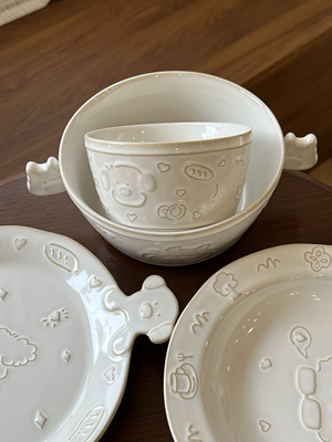 四时有梨 窑变小狗陶瓷双耳盘子防烫可爱碗碟组合家用餐具套装