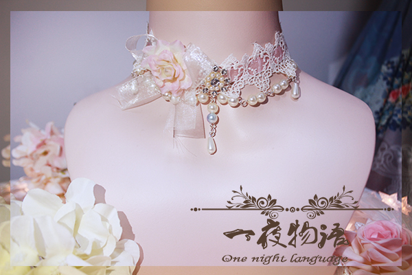 一夜物语原创手作lolita蕾丝脖饰项链玫瑰洛丽塔配饰可改色脖链