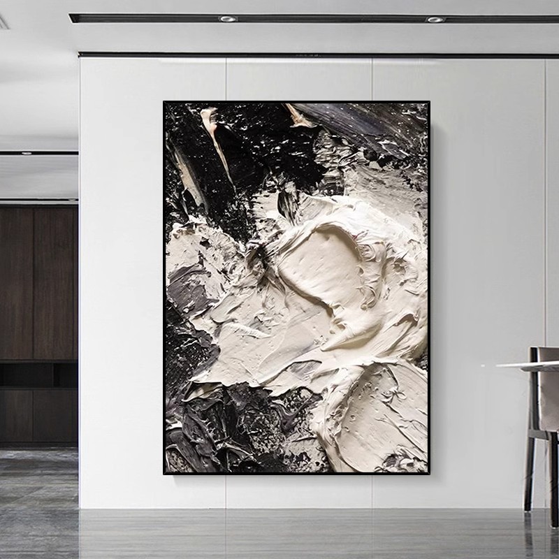 黑白立体手绘油画现代简约客厅装饰画厚肌理玄关装饰画餐厅挂画图片