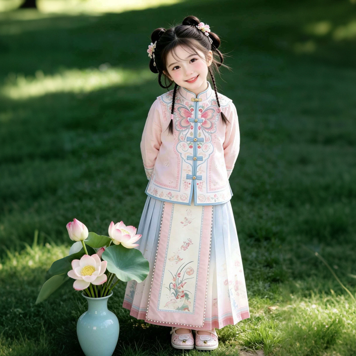汉服女童古风新中式蝴蝶刺绣马面裙两件套女孩唐装超仙春秋款童装