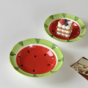 网红西瓜碗陶瓷碗盘子碗套装可爱的碗少女心手绘餐具儿童饭碗汤碗