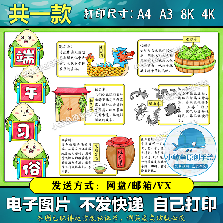 670端午节习俗思维导图手抄报模板电子版龙舟粽子习俗线稿可涂色