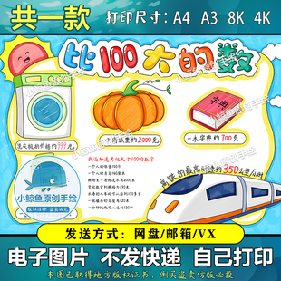 617生活中比100大的数二年级数学手抄报黑白色线稿添色线稿板报