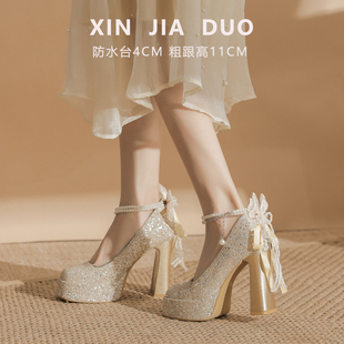 香槟色高跟鞋轻奢高级感结婚绝美不累脚婚鞋配婚纱礼服蝴蝶结单鞋