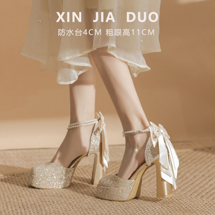 玛丽珍高跟鞋防水台不累脚厚底凉鞋配裙子礼服旗袍珍珠蝴蝶结单鞋