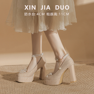 香槟色高跟鞋轻奢高级感配礼服伴娘鞋日常可穿增高厚底玛丽珍女鞋