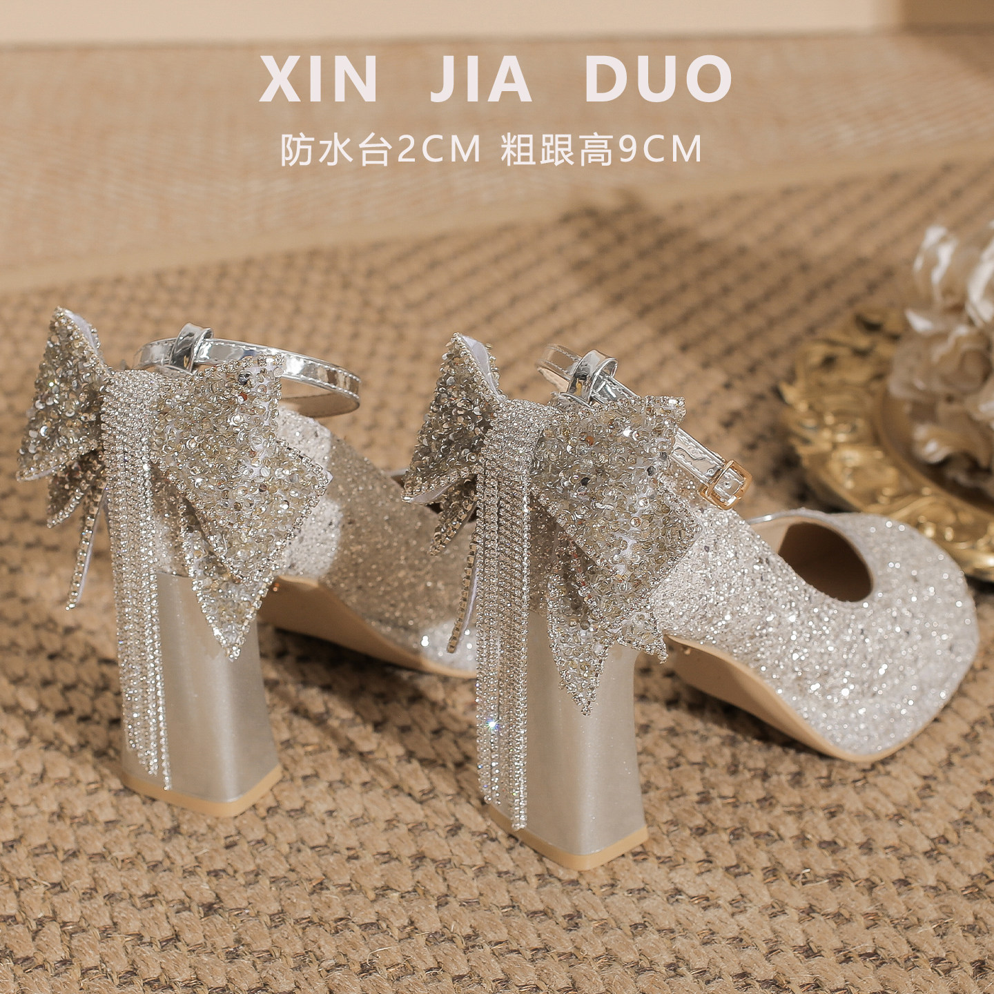 银色高跟鞋配礼服一字带玛丽珍小个子女鞋蝴蝶结亮片水钻方头单鞋