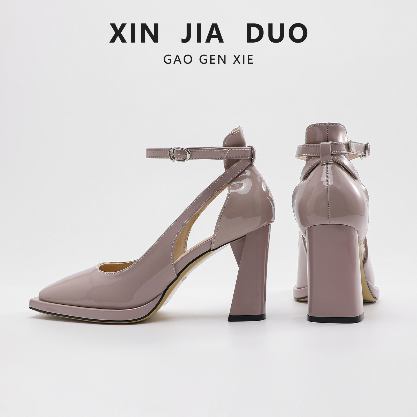 粗跟高跟鞋小个子防水台不累脚镂空一字扣法式婚鞋玛丽珍裸色单鞋