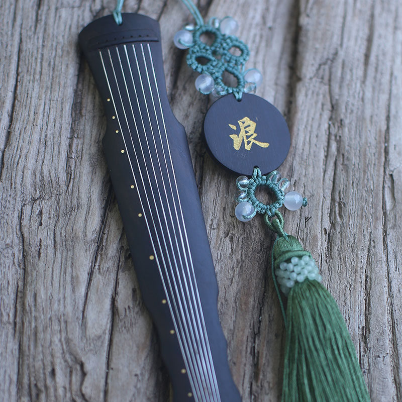 古琴书签黑檀雕刻纯银镶嵌流苏把玩件伏羲式九霄环佩原比例制青瓷