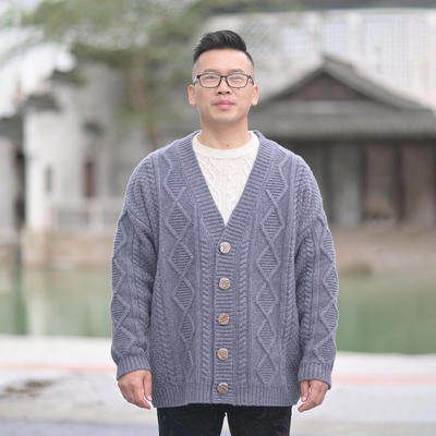 V领针织开衫一公斤加厚男士全纯羊毛大版宽松麻花绞花外套