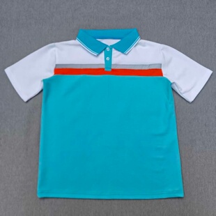 定做夏季男女校服同款运动短袖T恤衫浅蓝色拼白色拼橘红色POLO衫