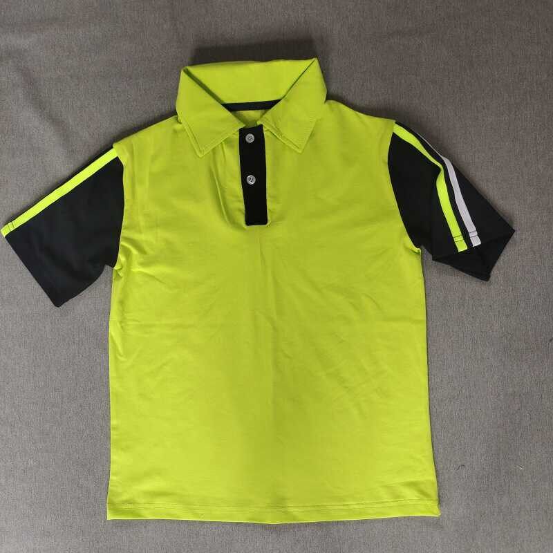 定做夏季男女校服同款短袖T恤衫 荧光绿拼接藏蓝翻领t恤polo衫