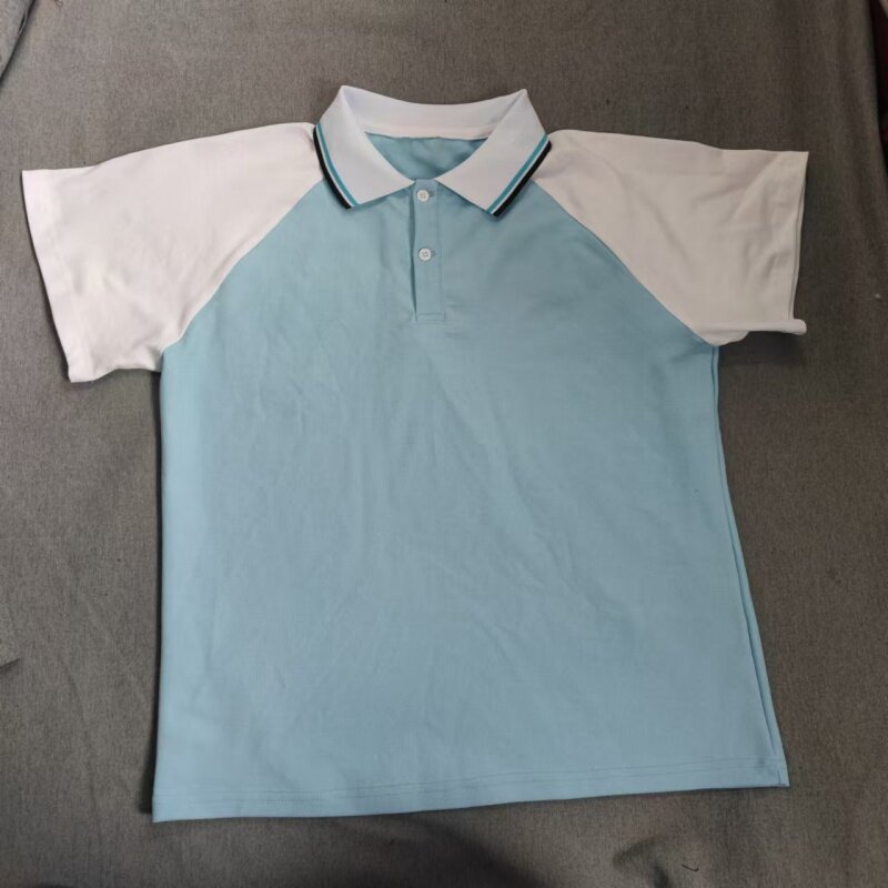 定做夏季男女校服同款运动上衣浅蓝色拼接白色短袖翻领T恤POLO衫